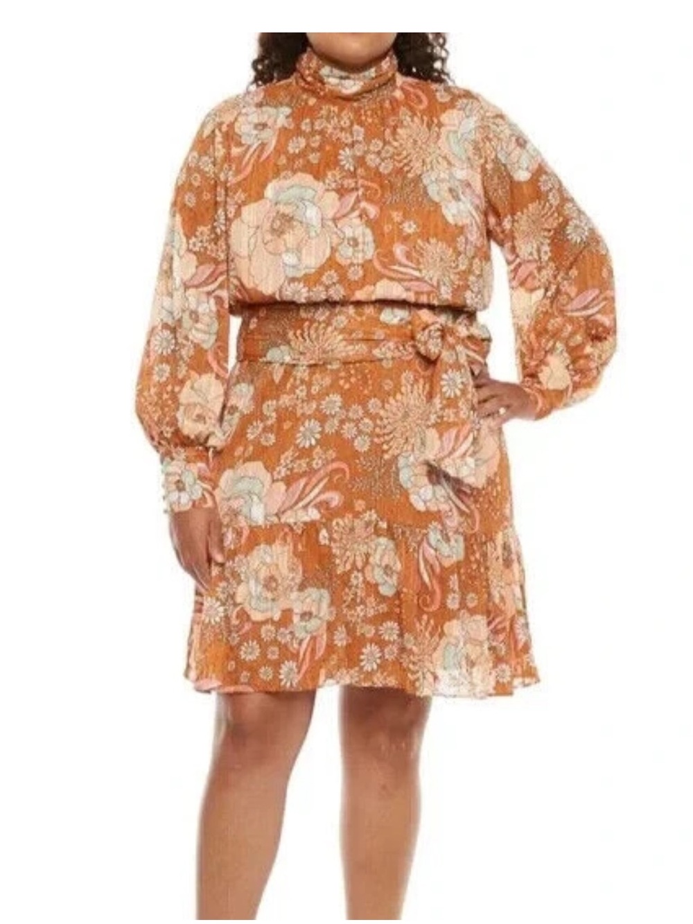 Women’s 2X Ryegrass Brown Floral Balloon Sleeve Dress High Neck Shimmer New